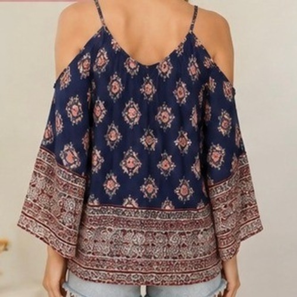 Navy Blue Boho Cold Shoulder Bell Sleeve Tassel Tie Blouse Top Size -S - Picture 2 of 2